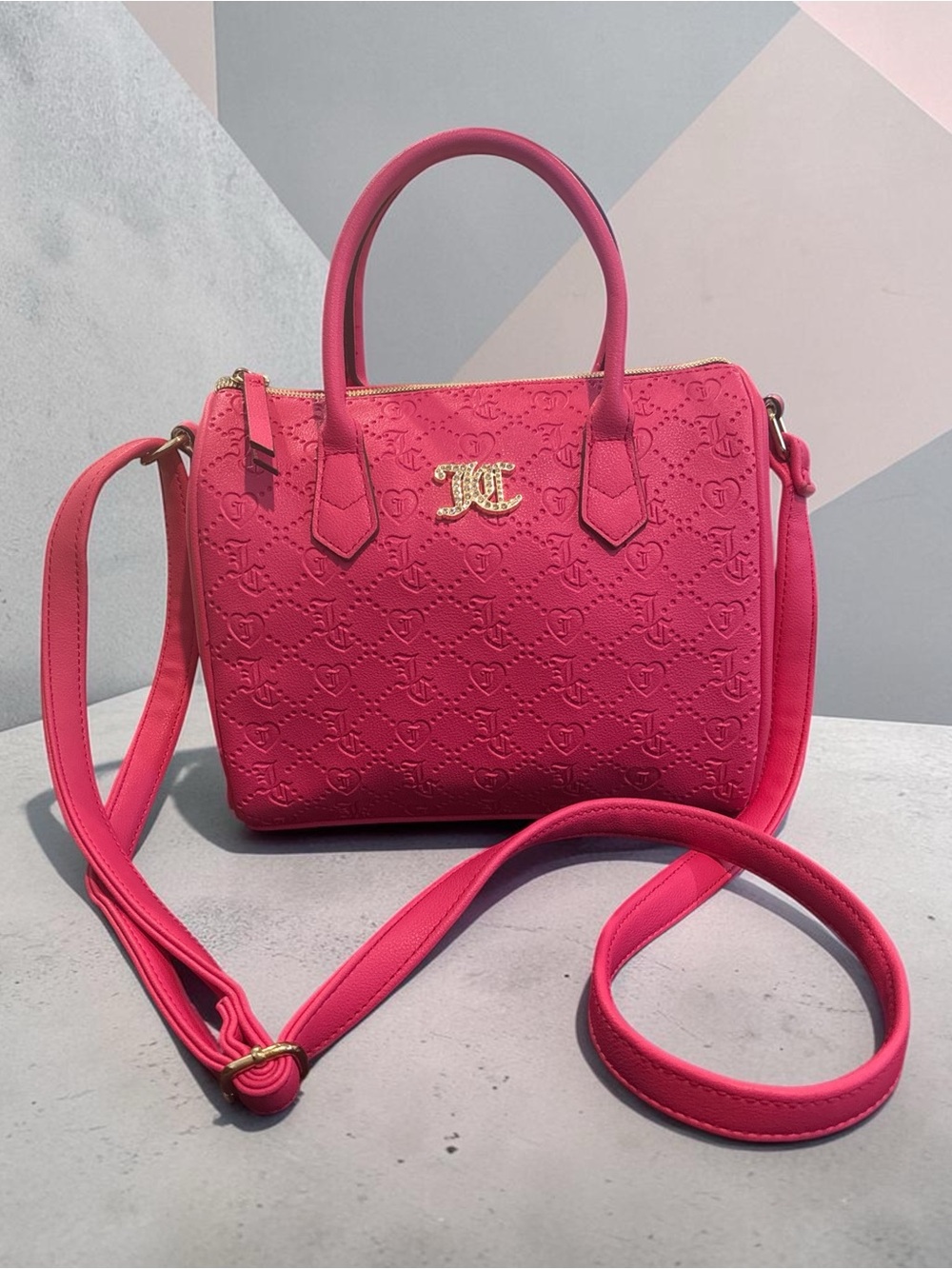 Juicy Couture Free Love Fuchsia Embossed Satchel W/Gold Hardware & Rhinestone JC